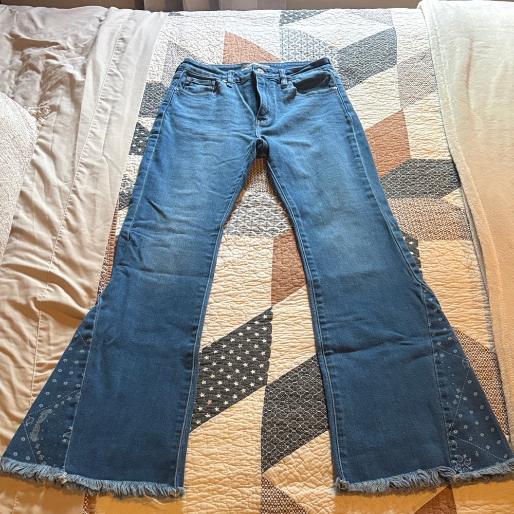 KanCan Dark Blue Flare Jeans with Bandana Inset